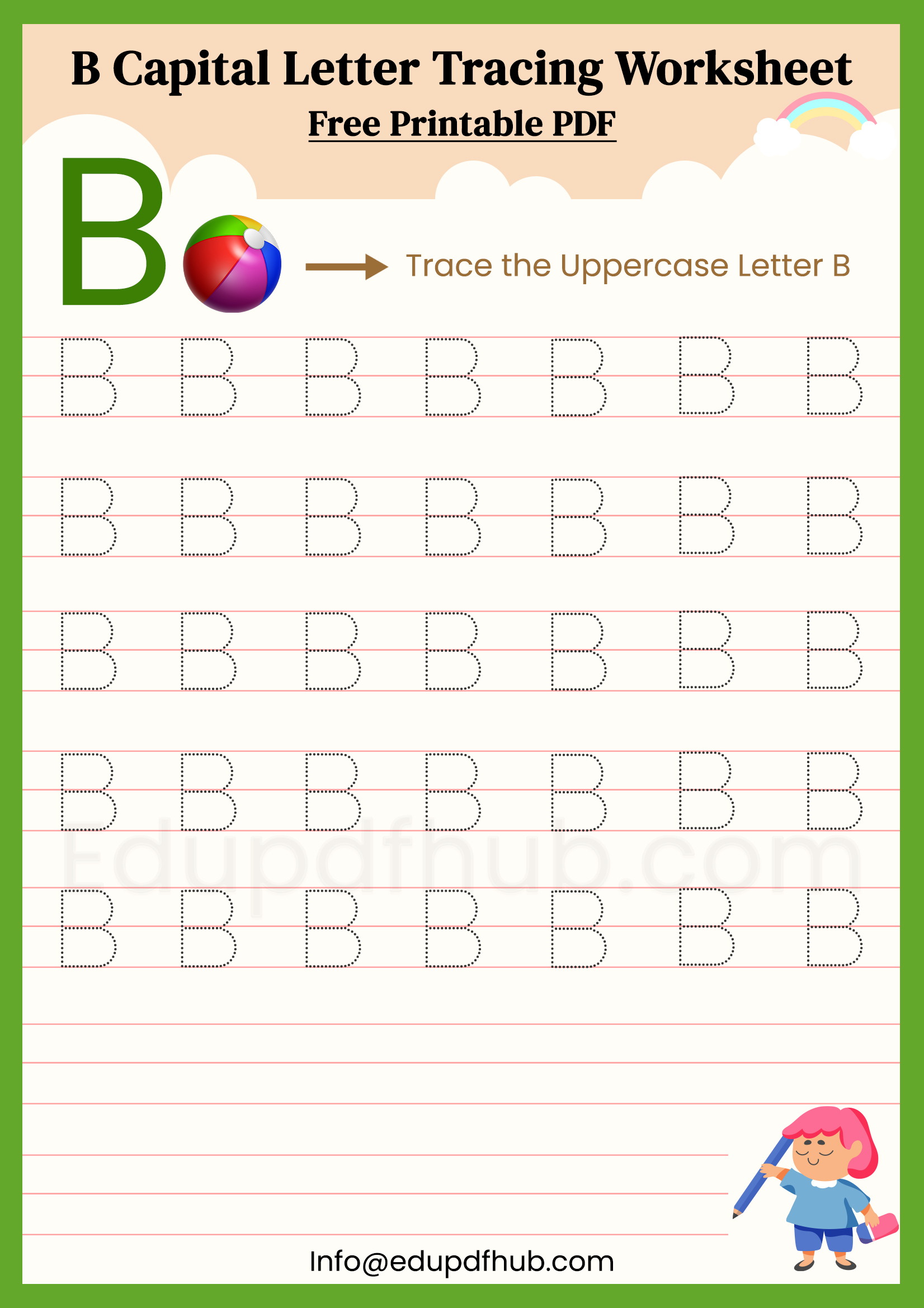 B Capital Letter Tracing Worksheet Printable PDF for Kids